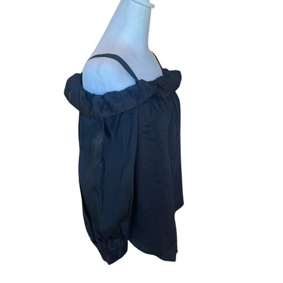 Loft Black Ruffle Off The Shoulder Button Up Blouse Size Medium Petite NWT - Picture 4 of 10